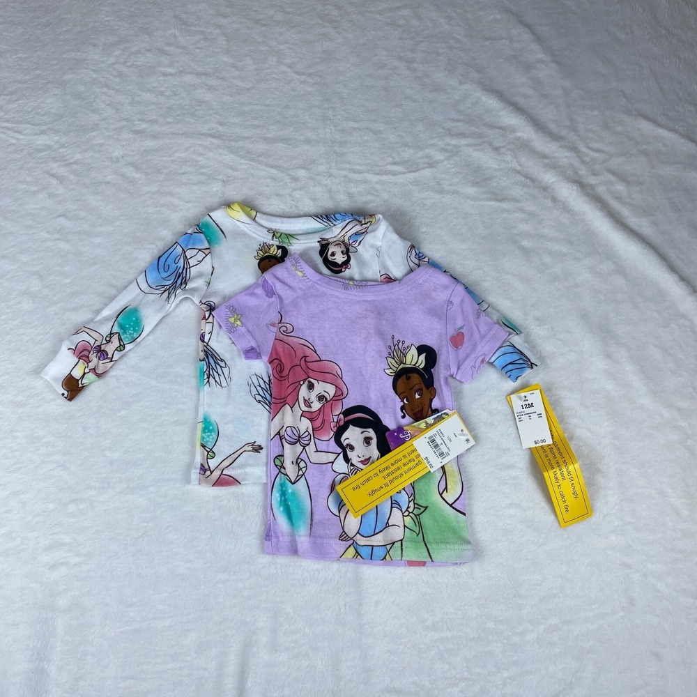 Disney Princess Lot of 2 Pajama Top Girls 12M Purple Snow White & Ariel Graphics